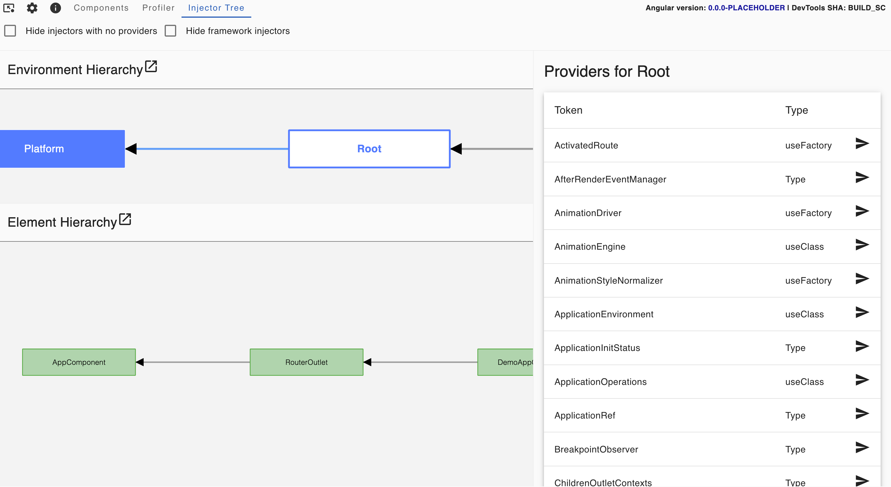 インジェクタが選択されたときにプロバイダがどのように表示されるかを示す「Profiler」タブのスクリーンショット。