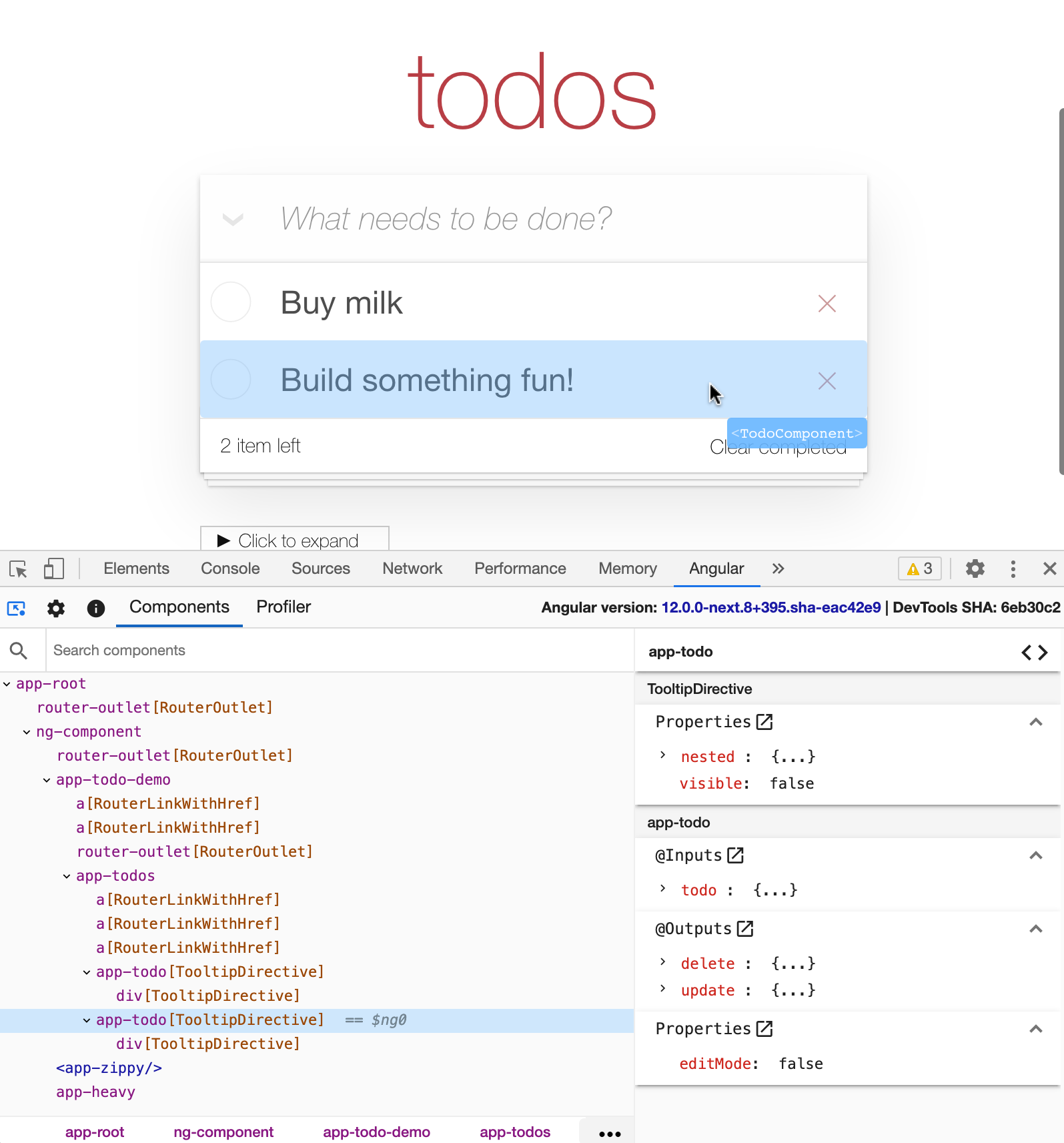 Angular todoアプリケーションが表示されている「Components」タブのスクリーンショット。Angular DevToolsの左上隅にある画面にマウスアイコンが表示されたアイコンが選択されています。マウスはAngularアプリケーションのUIのtodo要素の上にあります。要素は`<TodoComponent>`ラベルで強調表示され、隣接するツールチップに表示されます。