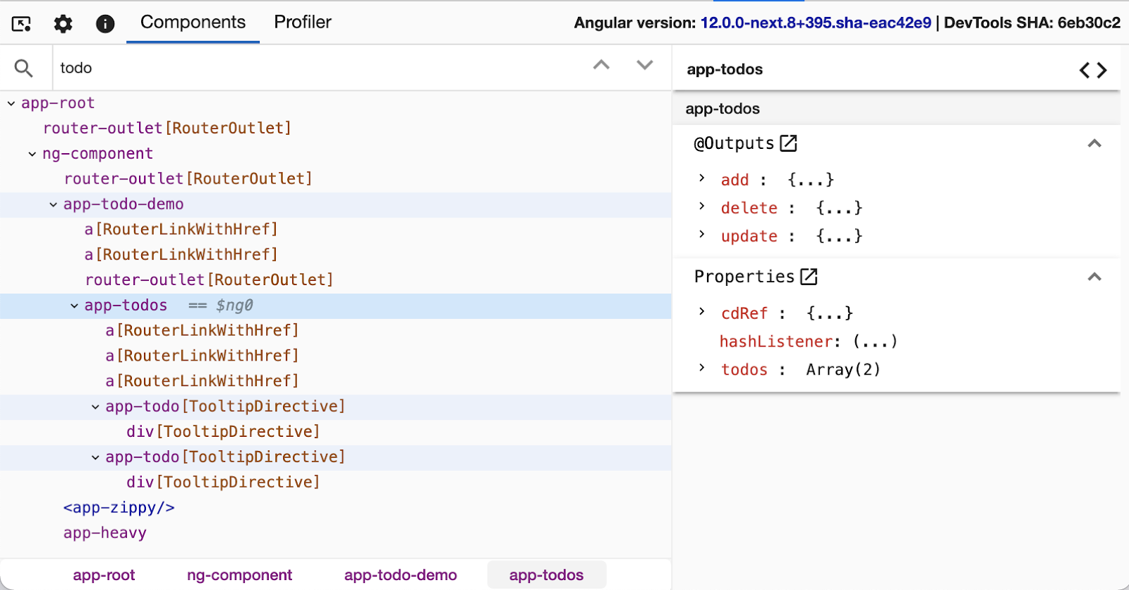 「Components」タブのスクリーンショット。タブのすぐ下にあるフィルタバーは「todo」を検索しており、「todo」が名前にあるすべてのコンポーネントがツリー内で強調表示されています。 `app-todos`が現在選択されており、右側のサイドバーにコンポーネントのプロパティに関する情報が表示されます。これには、`@Output`フィールドのセクションと、他のプロパティのセクションが含まれます。