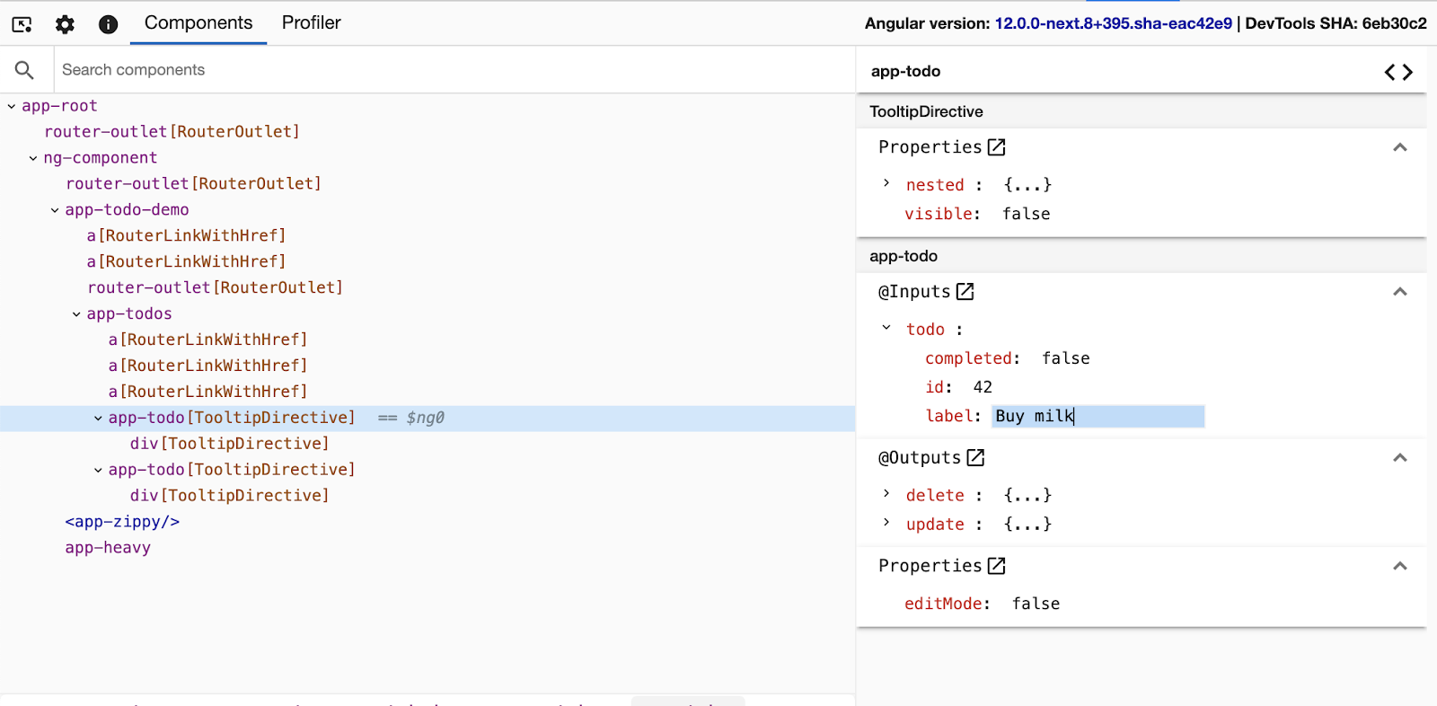 コンポーネントのプロパティビューが開いている「Components」タブのスクリーンショット。`todo`という`@Input`には、現在選択されており、値が「牛乳を買う」に手動で更新されている`label`プロパティが含まれています。